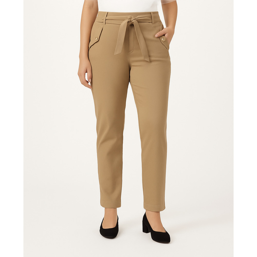 Soho Apparel Stretch Pull-On Belted Trousers Khaki XL Rayon Blend